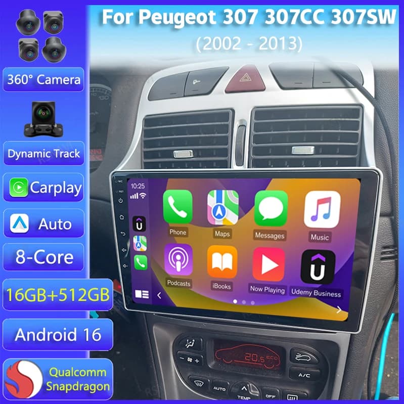 Autoradio multimediale Android 16 con navigatore per Peugeot 307 307CC 307SW 2002-2013, Carplay, stereo, DVD, Bluetooth, video, DSP