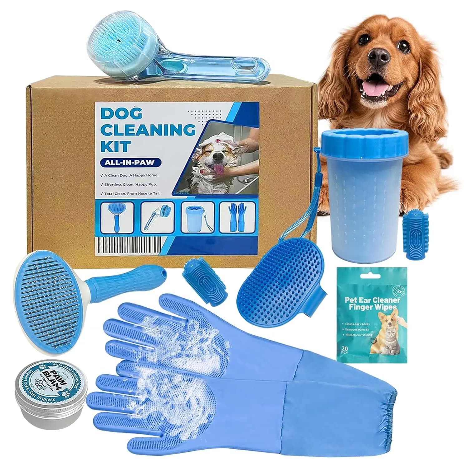 Kit 9 Pezzi per la Cura del Cane: Spazzola per Shampoo, Pulitore Zampe, Crema per Unghie, Guanti, Spazzola da Bagno, Pulitore Orecchie e Spazzola Autopulente