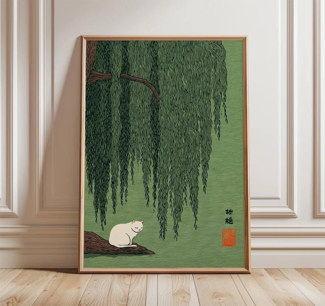 Stampa decorativa da parete con gatto bianco giapponese e albero di salice - Regalo perfetto per gli amanti dei gatti, dei fan della cultura giapponese o per chiunque apprezzia...