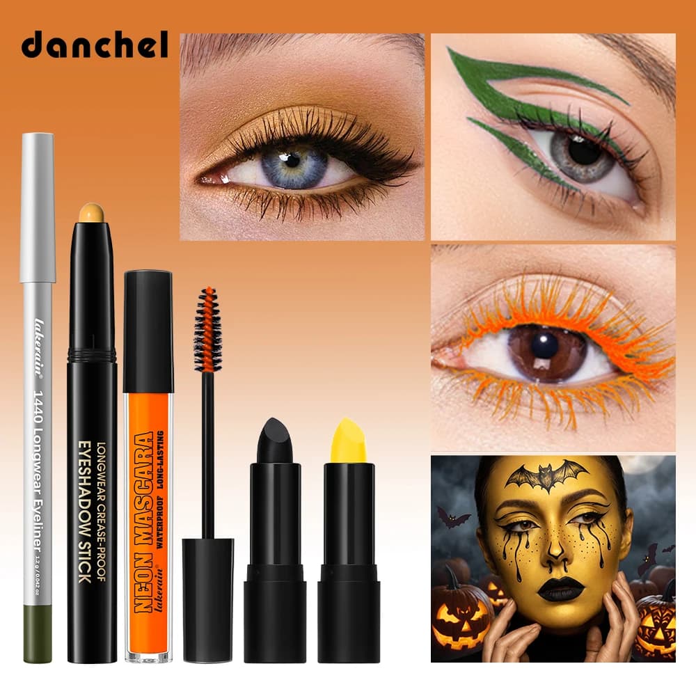 5pcs Halloween Makeup Kit Eyeliner Eyeshadow Stick Neon Mascara Lipstick Set Painting Makeup Cosmetic for Festival Costume Look