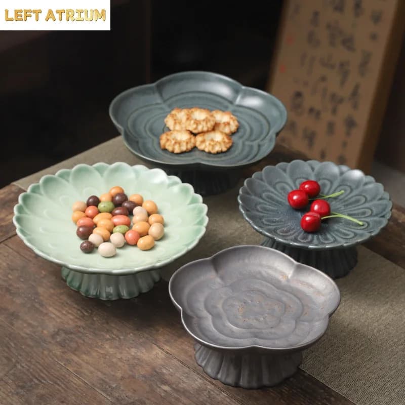 High-footed Fruit Plate Ceramic Lotus Tea Snack Dried Fruit Plate Chinese Ceramic Jewelry Food Tea Cup Storage Tray Home Decor