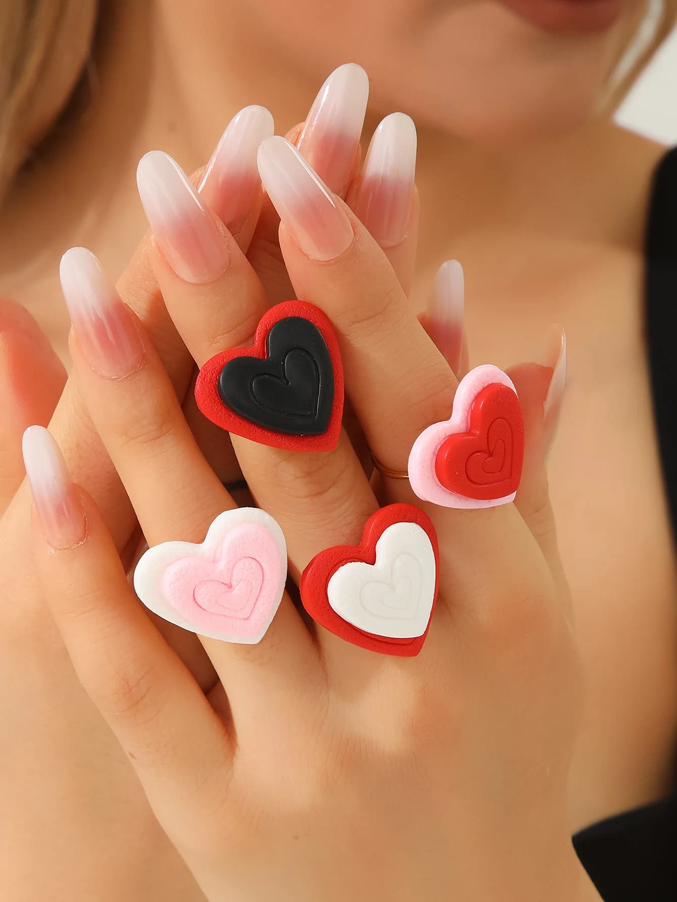Anelli Aperti Regolabili con Doppi Cuori in Argilla Polimerica per San Valentino, Gioielli in Stile Colorato e Dolce, Regalo per Innamorati, Accessori di Tendenza