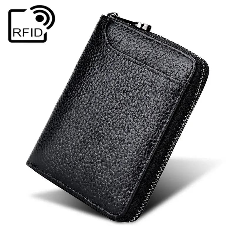 Portafoglio in vera pelle per carte di credito bancarie con blocco Rfid per uomo e donna, portamonete sottile, chiavi, carte, borsa con cerniera