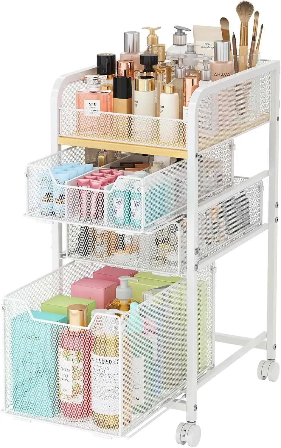 Carrello Organizer Trucchi con 3 Cassetti, Stretto, per Cosmetici, Smalti, Profumi e Pennelli - Bianco