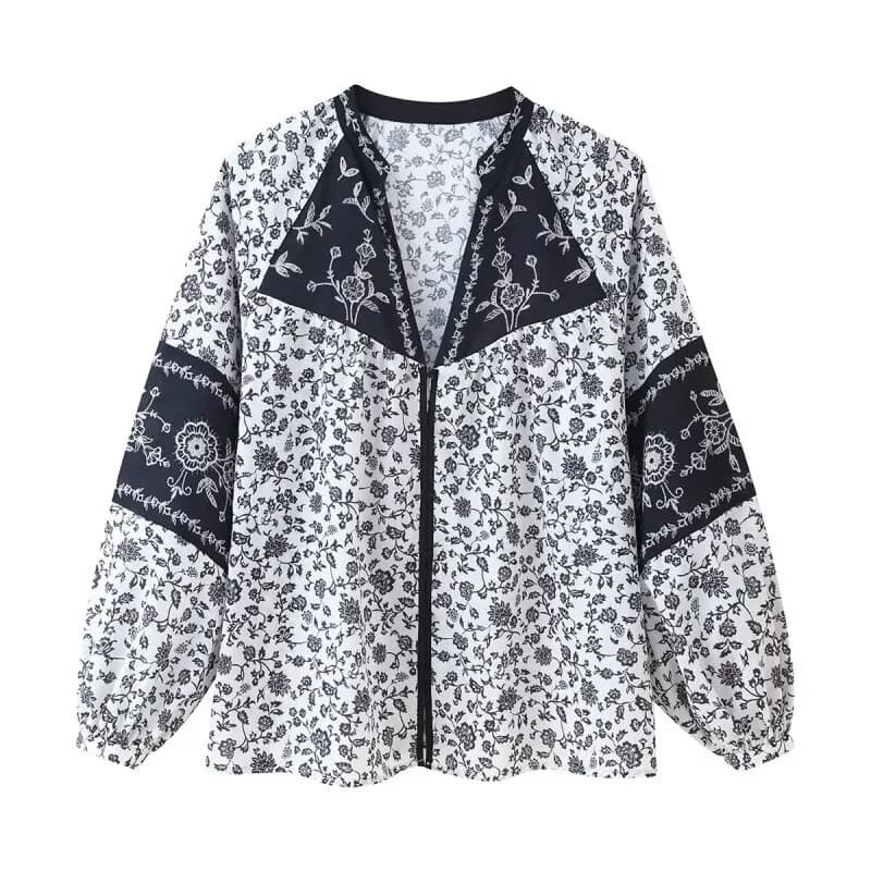 2026 Bohemian V-Neck Floral Blouse for Women Spring Summer Long Sleeve Button Down Shirt Ruffled Cuffs Casual Daily Outwear Tops