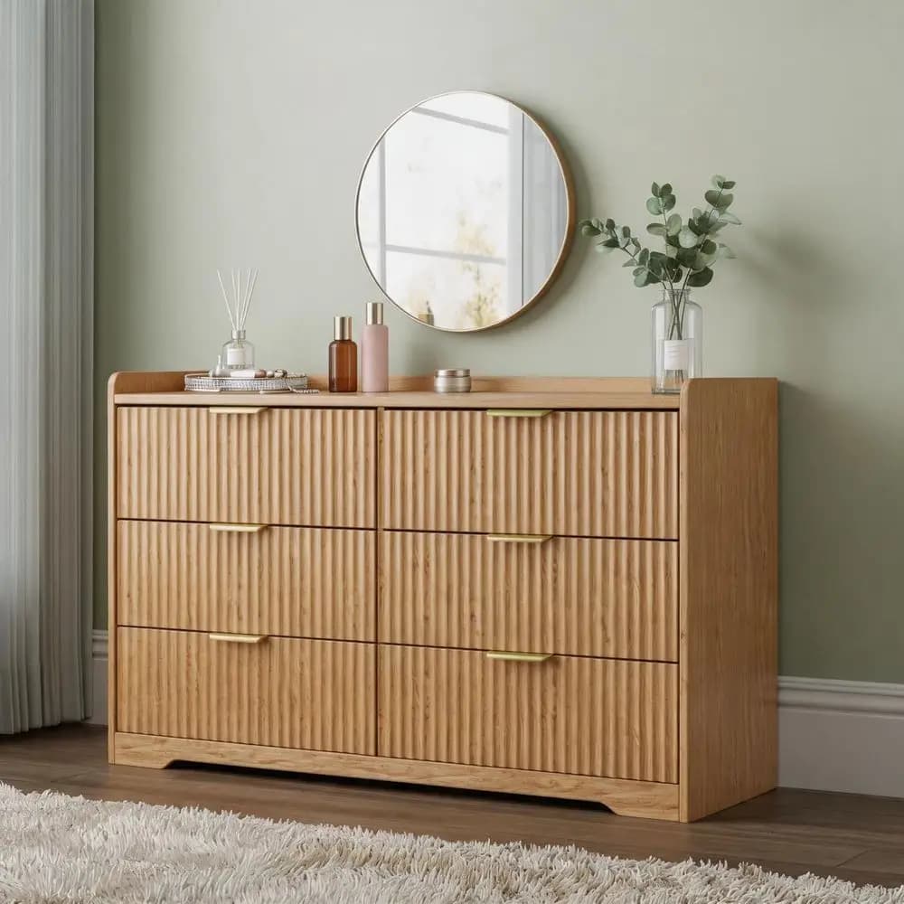 47 Wide Natural Oak Wooden Chest with Deep Drawers, Metal Handles, and TV Stand Top for Bedroom