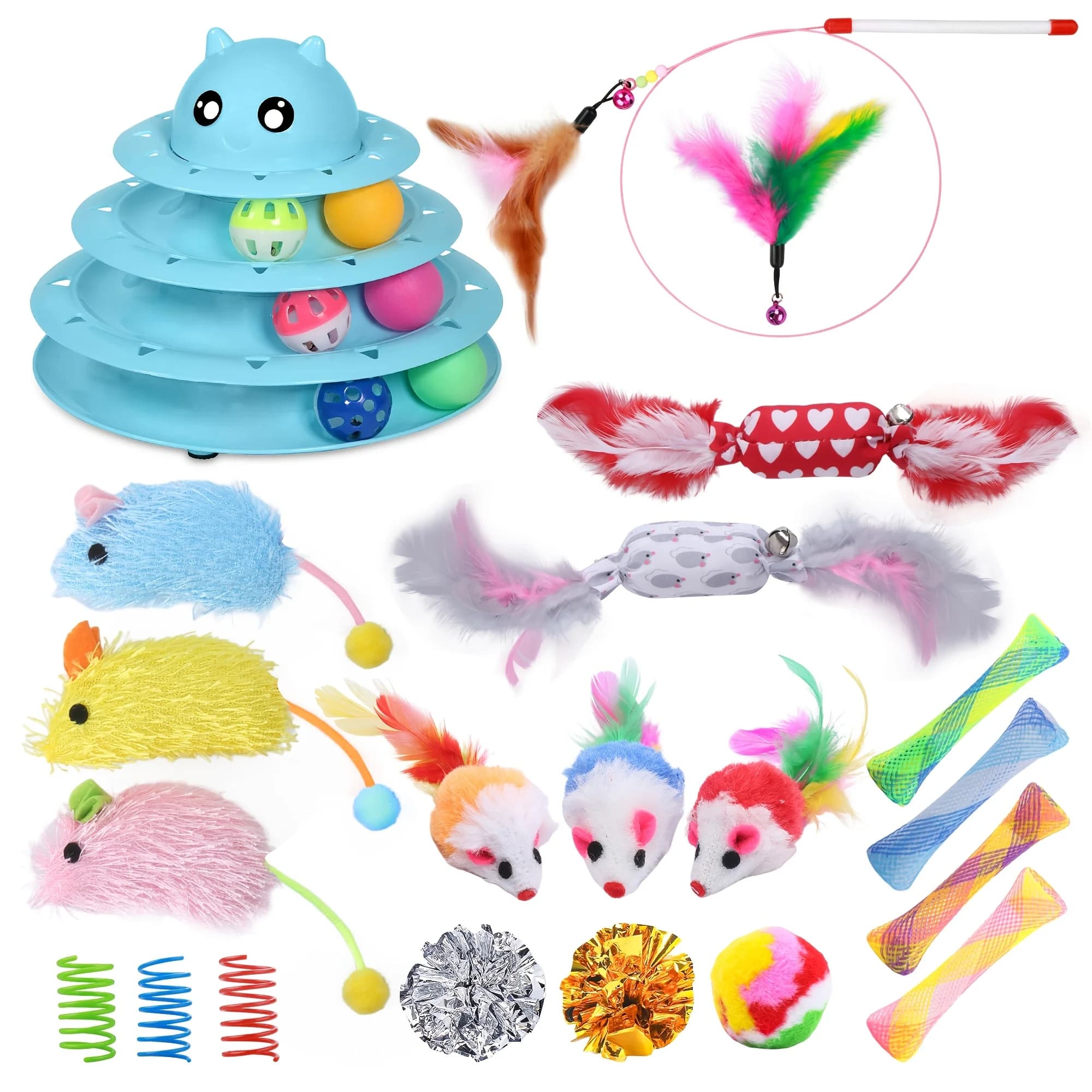 Set Gioco Interattivo Tutto-in-Uno per Gatti e Gattini, 24 Pezzi con Piattaforma Girevole a 3 Livelli e 6 Palline - Giocattoli Multi-Livello per Gatti da Interno, in Plastica, per Esercizio e Stimolazione Mentale, Adatti per Gattini e Gatti