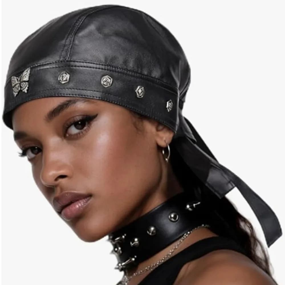 New black biker cap in PU leather adjustable waterproof butterfly cap Cool Doo Rag Bandana leather biker hat for women and men