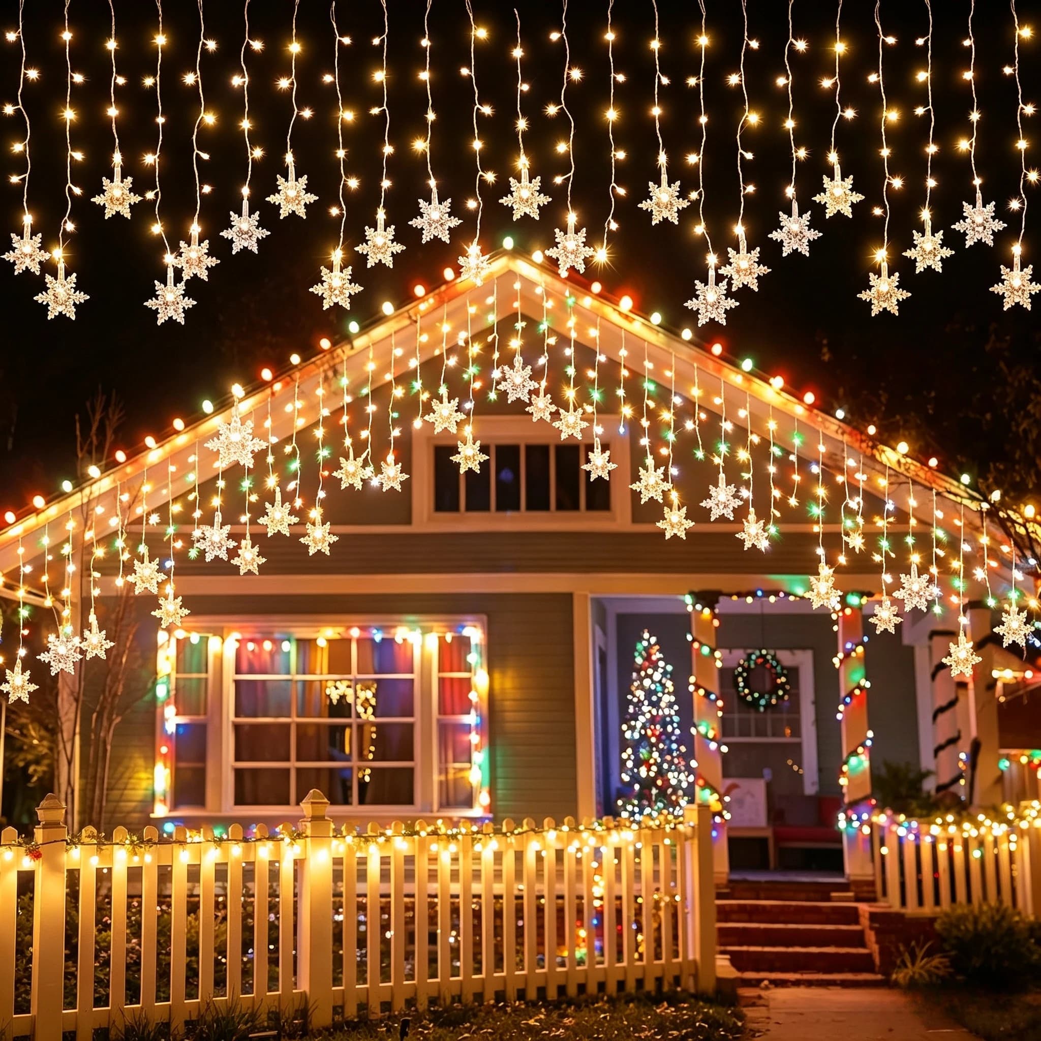 Christmas Snowflake Curtain Lights, LED Fairy Curtain Lights, Indoor Outdoor Holiday Party New Year Decoration