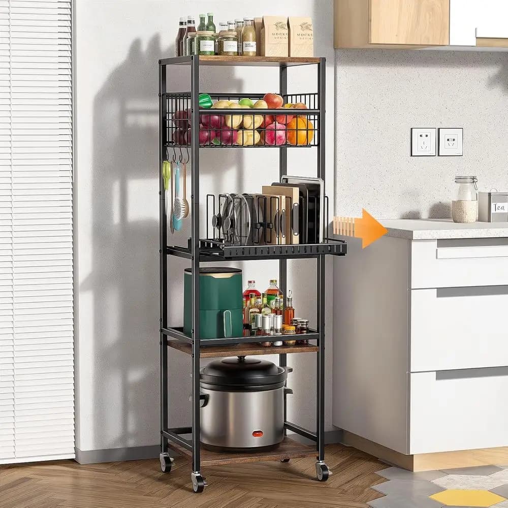 5 shelves kitchen trolley with metal basket, organizer with removable cover and wooden top to store kitchen, pantry and bathroom