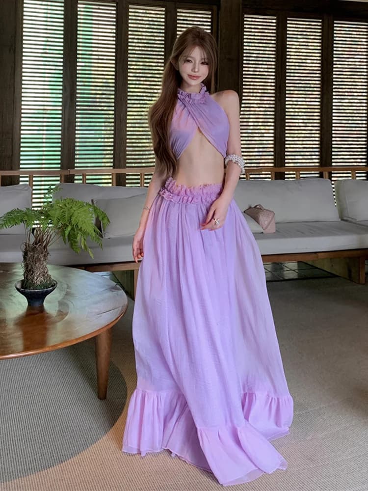 Top Estivo Senza Maniche con Scollo all'Americana e Vita Scoperta, in Chiffon Viola Chiaro Ultra Leggero e Bellissimo, Stile Vacanza Estiva