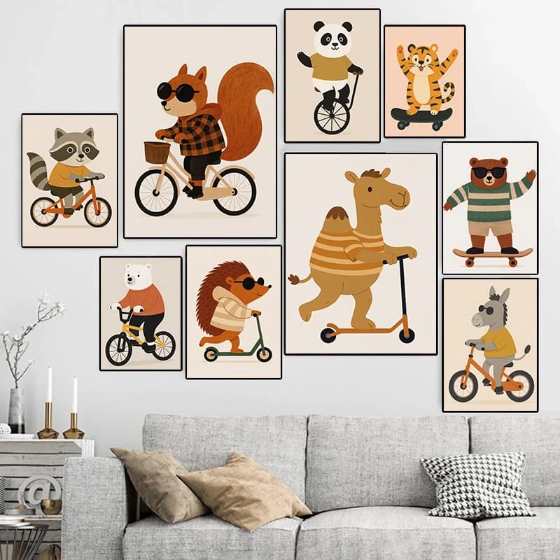 Funny Animals Rabbit Dog Bear Cat Lion Skateboard Posters Prints Crocodile Wall Art Canvas Nursery Pictures for Kids Room Decor