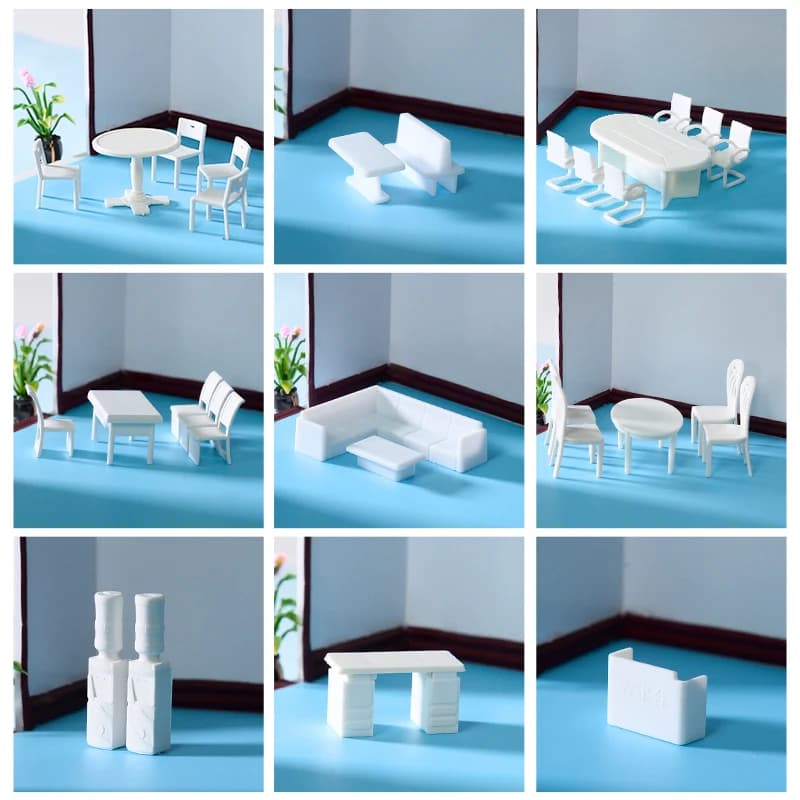 Set di mobili in plastica bianca in scala 1:50, tavolo da casa delle bambole in miniatura, sedia, divano letto, armadio per decorazione modello di esposizione Diorama