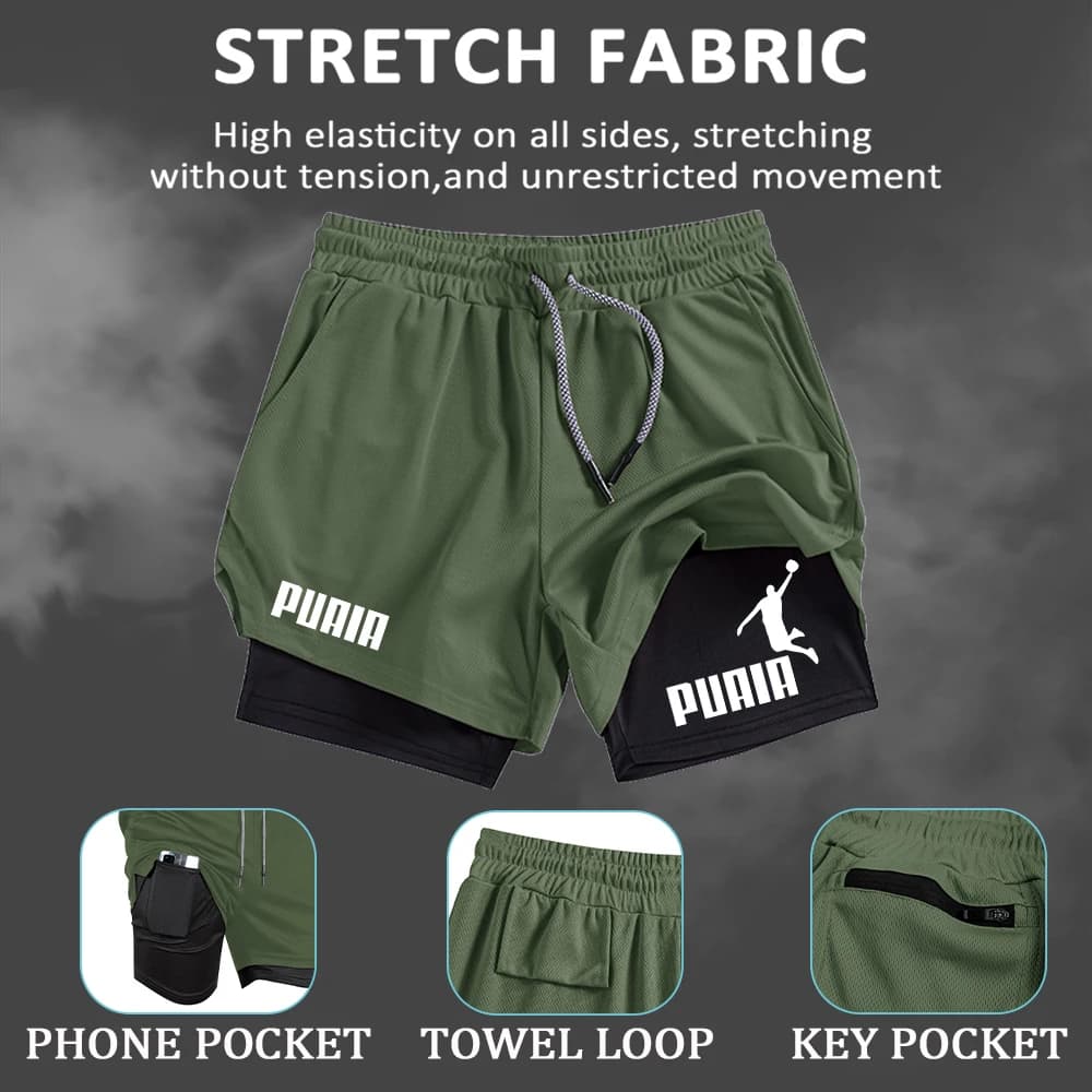 Men's Simple English Logo Print 2 In 1 Sports Shorts Elastic Quick Dry Casual Beach Shorts Summer Fitness Cycling Surfing Shorts