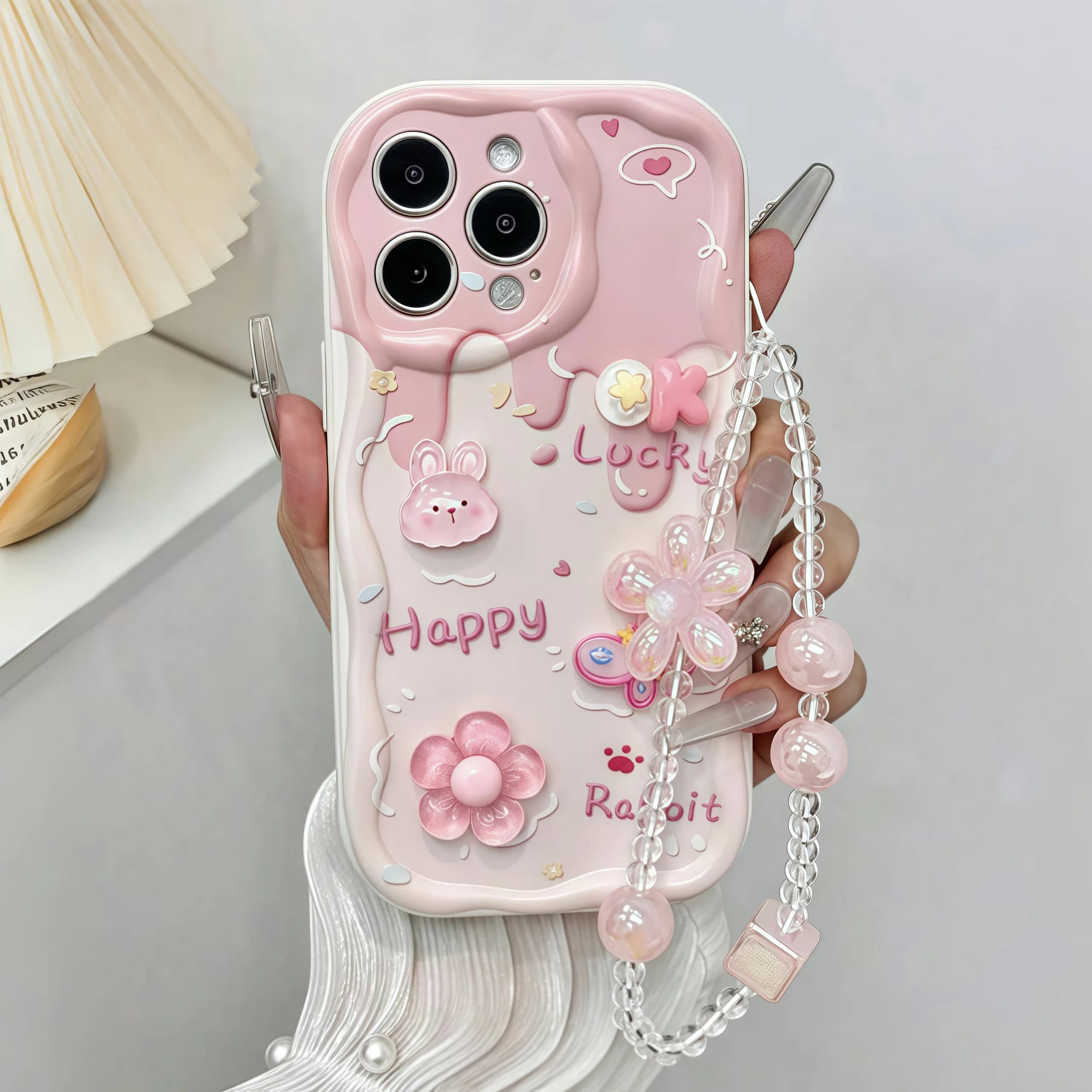 Creamy coating suitable for Apple models 17, 16, 15, 14, 13, 12, 11, Pro, XS Max, curved edge phone cases. iPhone 17 Air, 16, 15 , 14, XR, cute 3D cartoon, 7/8 bracelet.