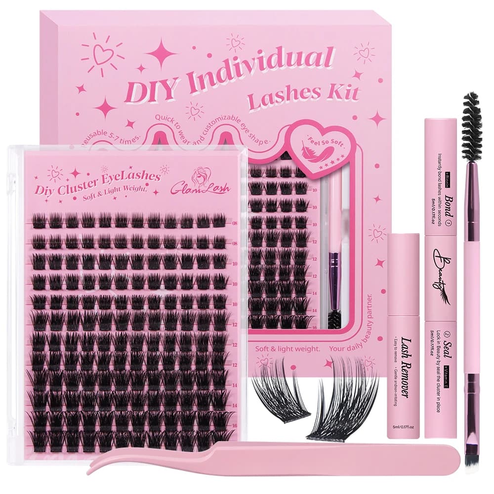 GLAMLASH Eyelashes 8mm-16mm, Natural Faux Eyelashes Individual with Colla Kit, Eye Makeup Tool