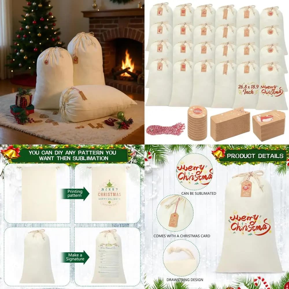 Set di 24 Grandi Sacchetti Natalizi con Cordoncino, 50 Etichette in Carta Kraft e Fili per Regali Fai-da-Te e Sublimazione