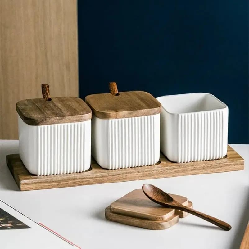 Set di barattoli per condimenti in ceramica pesante, contenitore per spezie, contenitore per sapori, vaso per sale (senza vassoio, senza cucchiaio)