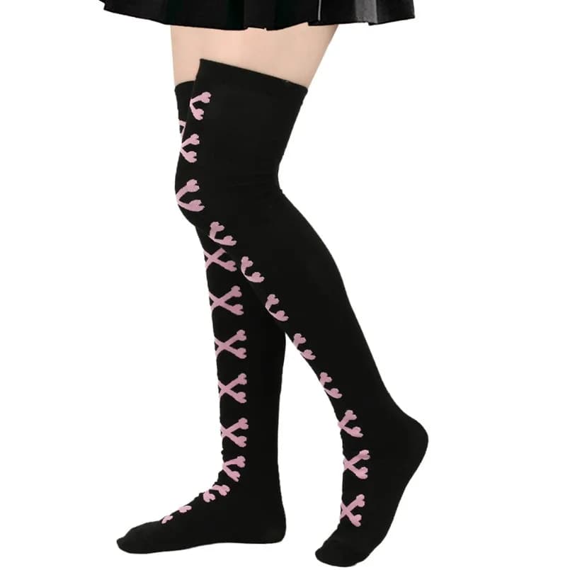Women's Bone Ladies Halloween Girls Black White Pink Long Thigh Socks Cosplay Harajuku