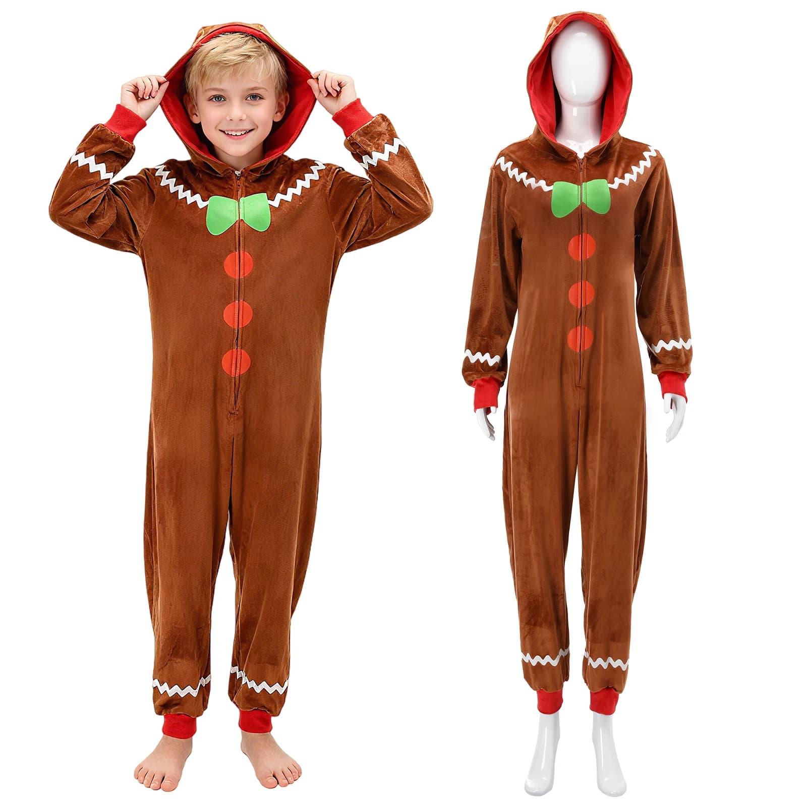 Gingerbread Man Pajamas Costume For Adult Boys Girls Home Clothing Christmas Gingerbread Outfit Cosplay Bodysuit Hooded Unisex
