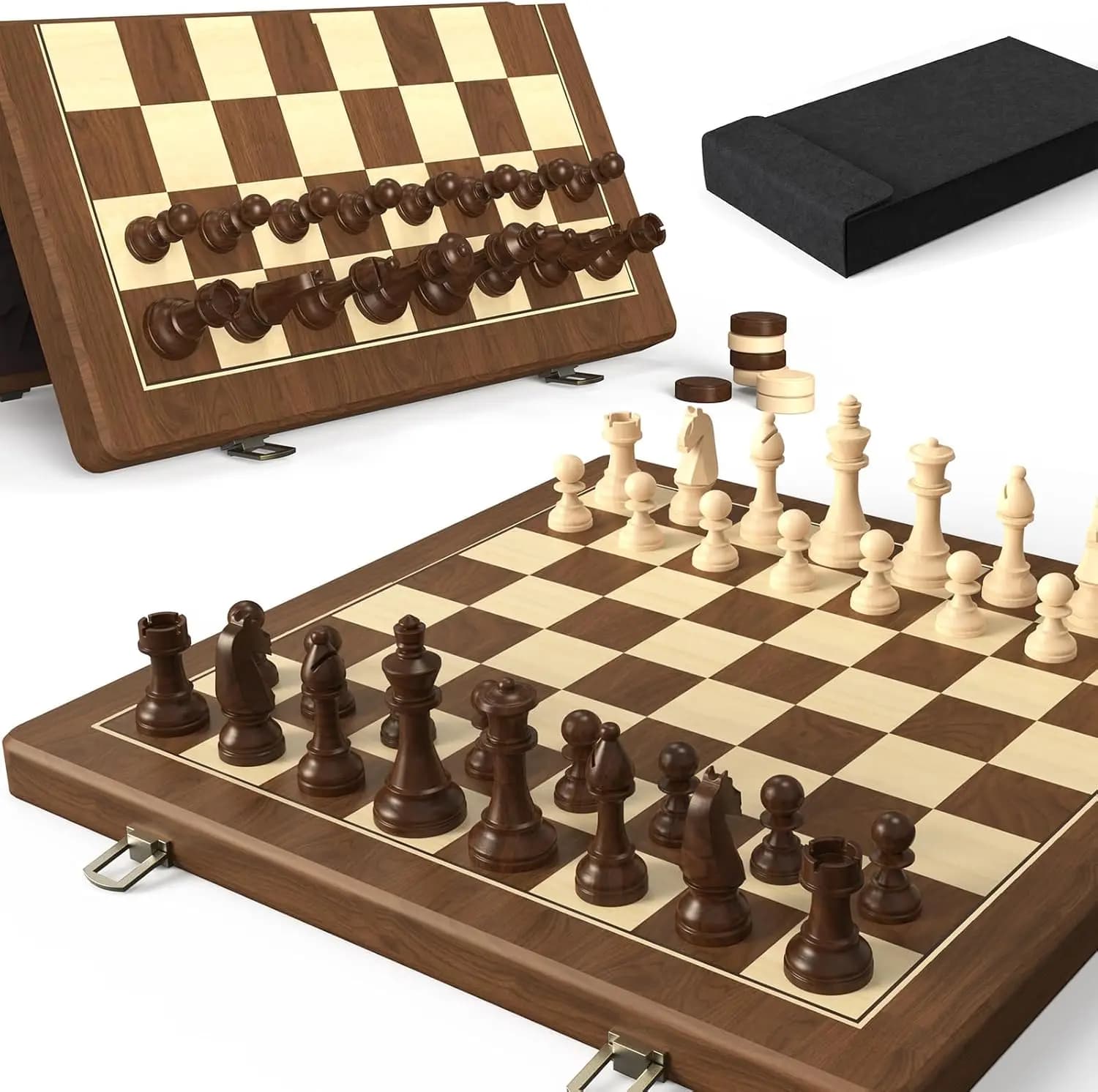 Set di Scacchi Magnetico Pieghevole in Legno 15" - 2 in 1 con Dama, Pezzi Staunton, Borsa da Viaggio