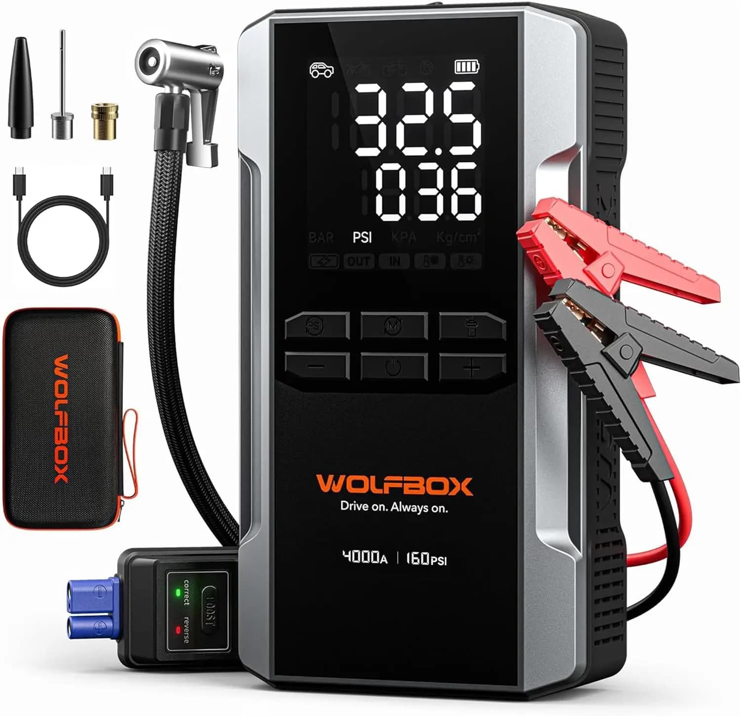 Avviatore di Emergenza 4000A con Compressore d'Aria 160PSI, Booster per Batteria Auto 12V, Jump Starter Portatile 88.8Wh (10.0 Benzina/10.0L Diesel) con Ricarica Rapida 65W, Gonfiatore Pneumatici, Cavi di Avviamento, Luce LED