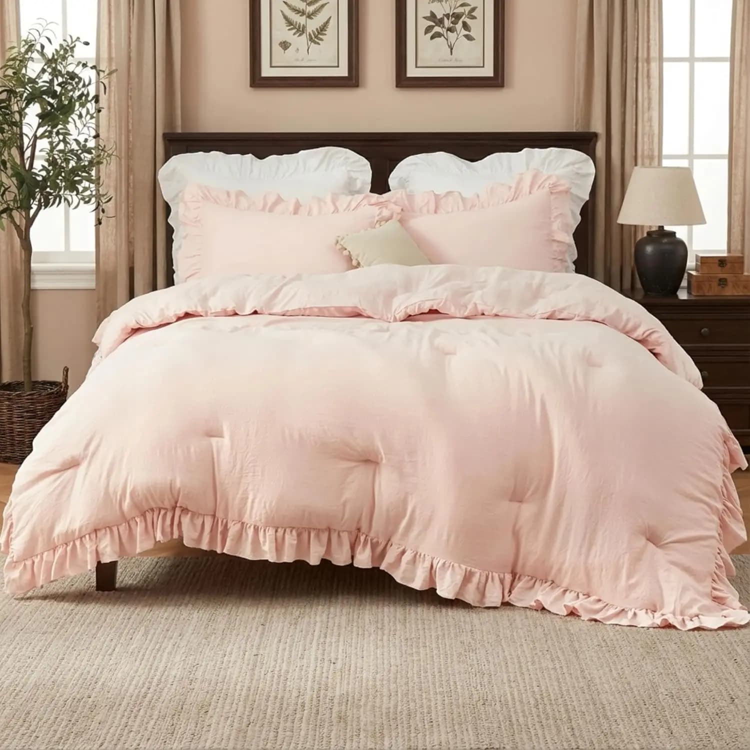 Vintage French Country Ruffled Duvet Cover Set – Shabby Chic Farmhouse Bedding, Soft Microfiber, 3-Piece (104"x90" Duvet Cover + 2 Pillowcases), Breathable & Durable, Pink