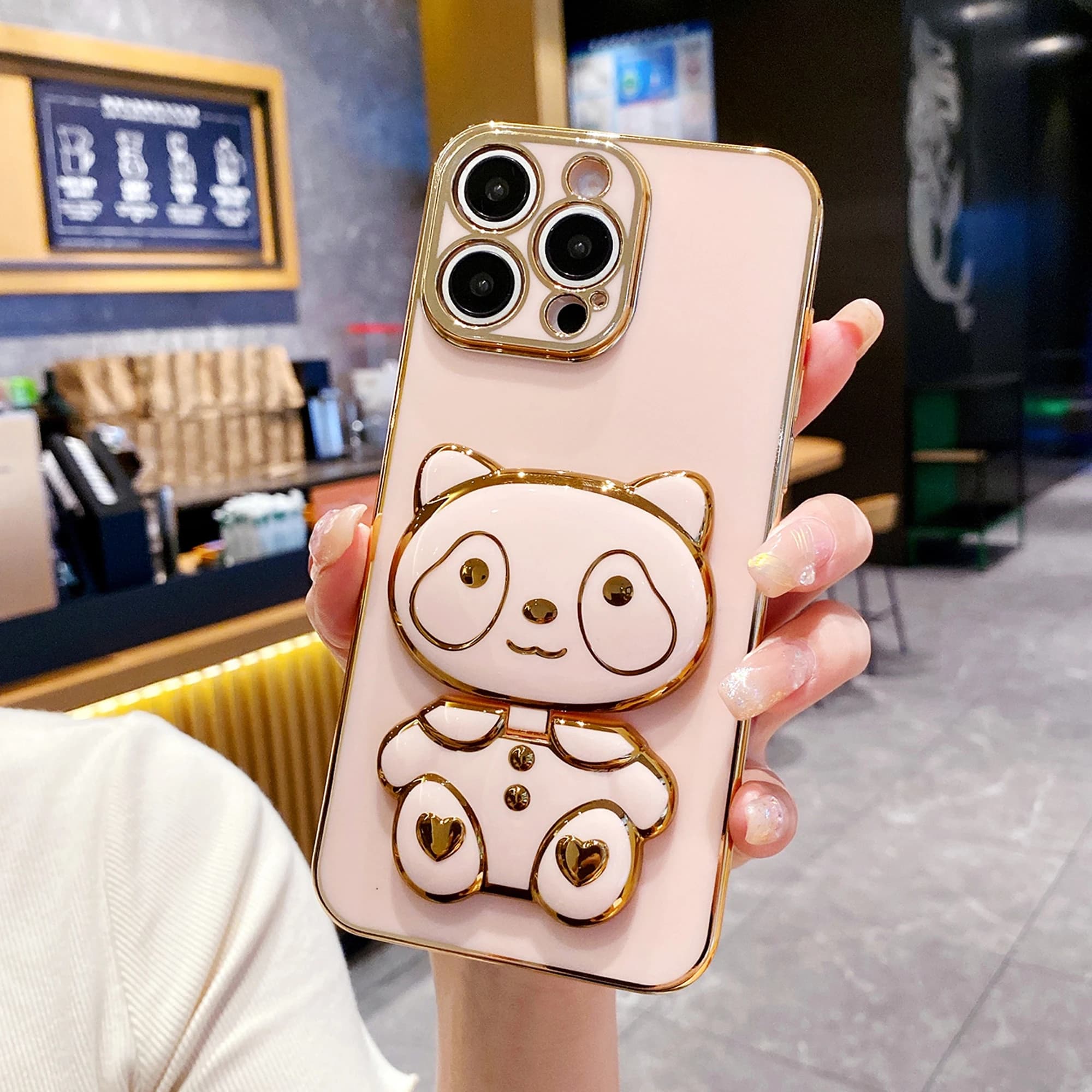 Custodia per telefono con supporto per specchio Panda placcatura di lusso per iPhone 17 16 15 14 Plus 13 12 Mini 11 Pro Max X XS XR 7 8 SE2 SE3 Cover posteriore