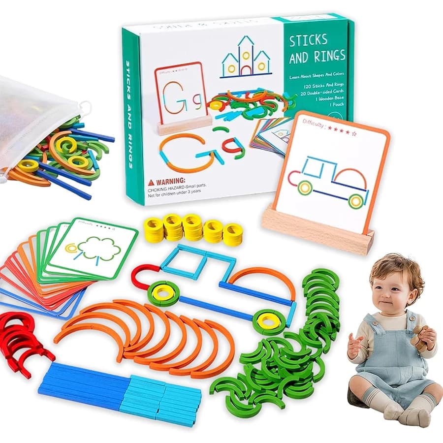 Puzzle Montessori con Bastoncini per Pensiero Rapido, Blocchi in Legno e Anelli per Bambini, Gioco Tangram