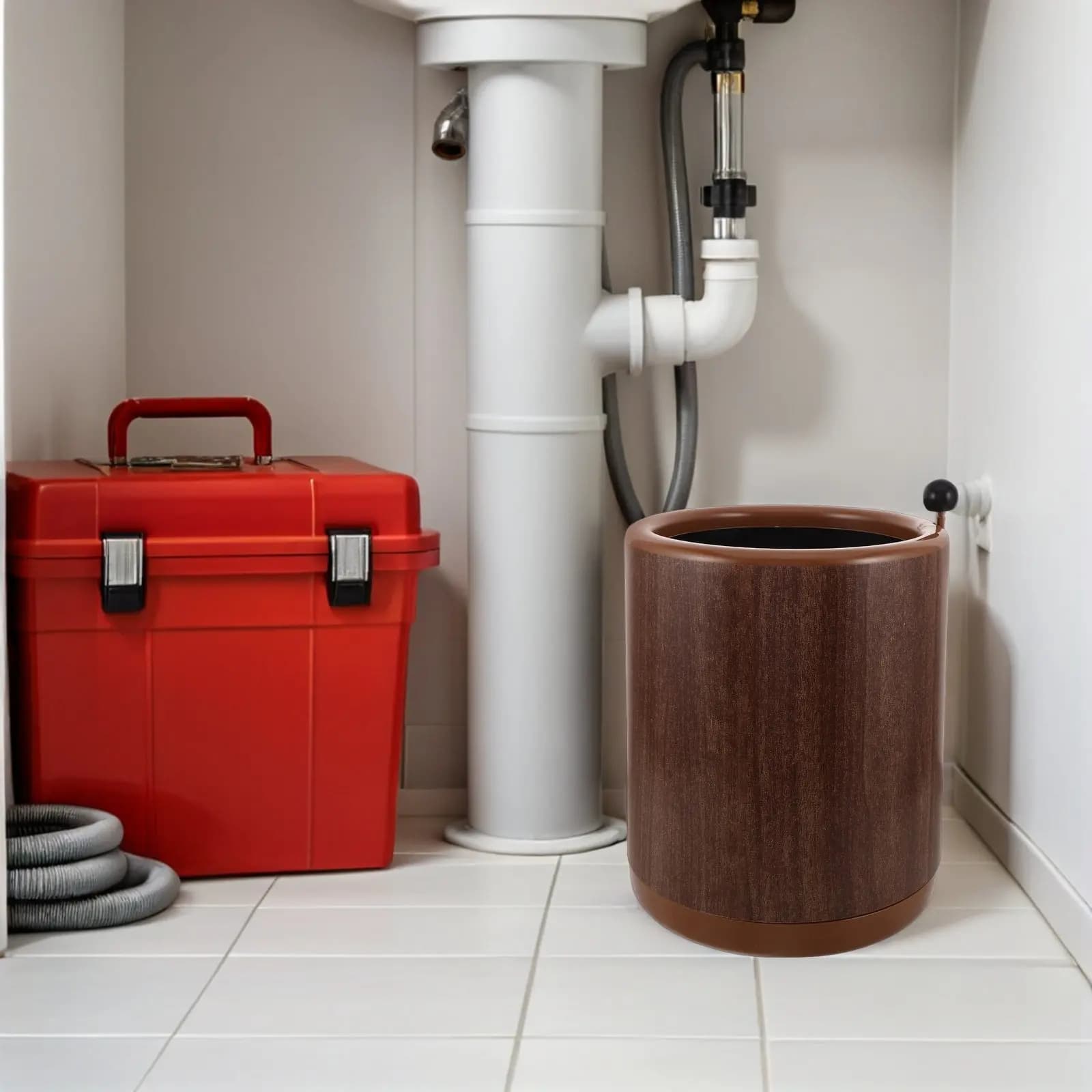 Imitation Wood Grain Trash Can Round Bathroom Garbage Can Open Top Wastebasket Vintage Retro Style Plastic Waste Bin for Kitchen