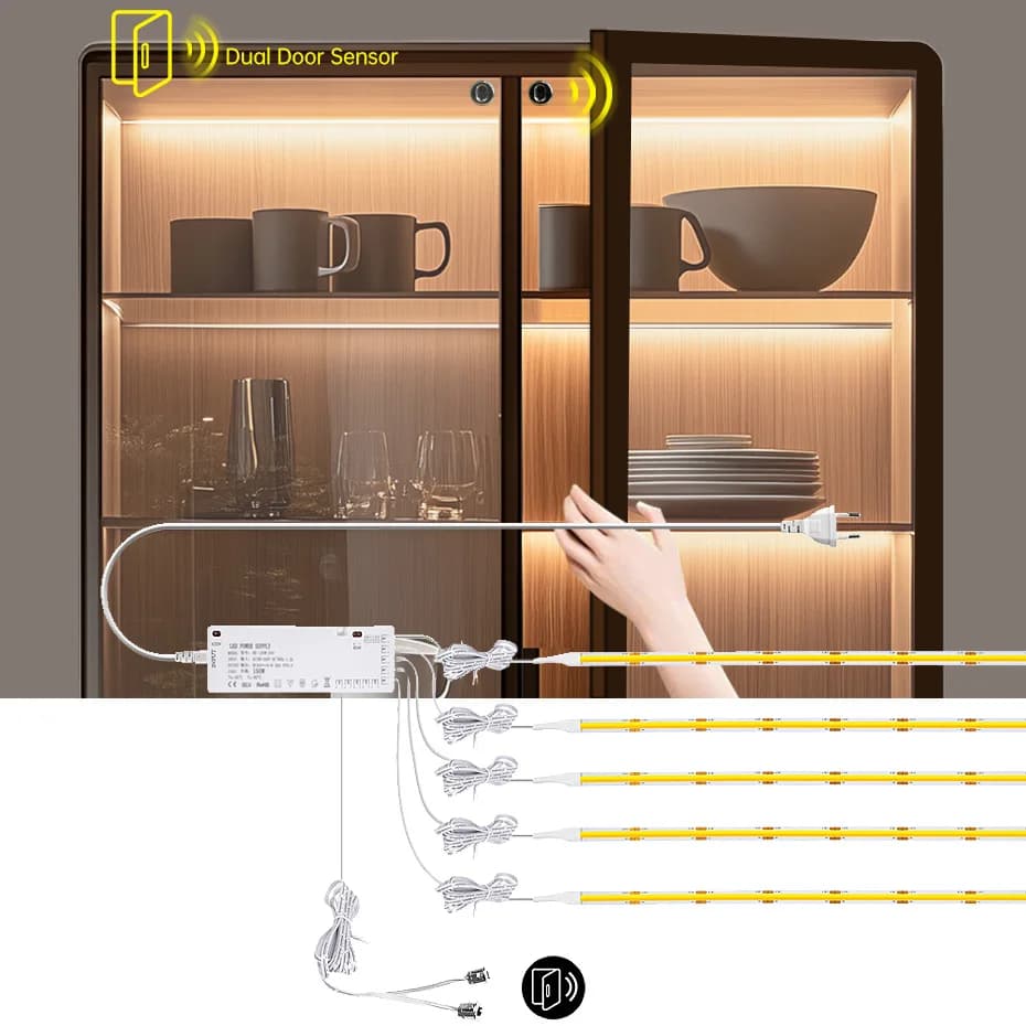 Controllo del sensore di movimento a doppia porta con striscia LED COB da 24 V per armadi da cucina, guardaroba, dispensa, vetrina, collezione di armadi