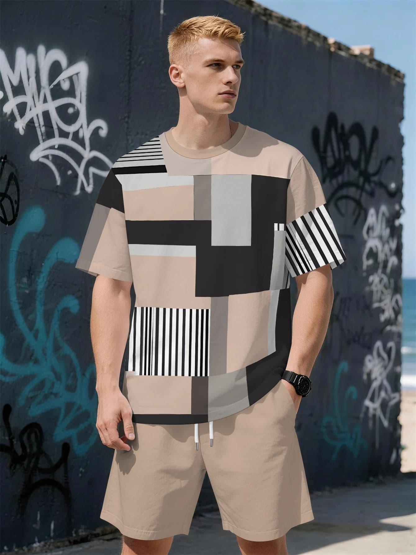 Completo Estivo 2026 da Uomo: Set Pantaloncini e Maglietta a Maniche Corte con Stampa a Righe 3D - Stile Casual Urbano, Comodo, Morbido e Traspirante