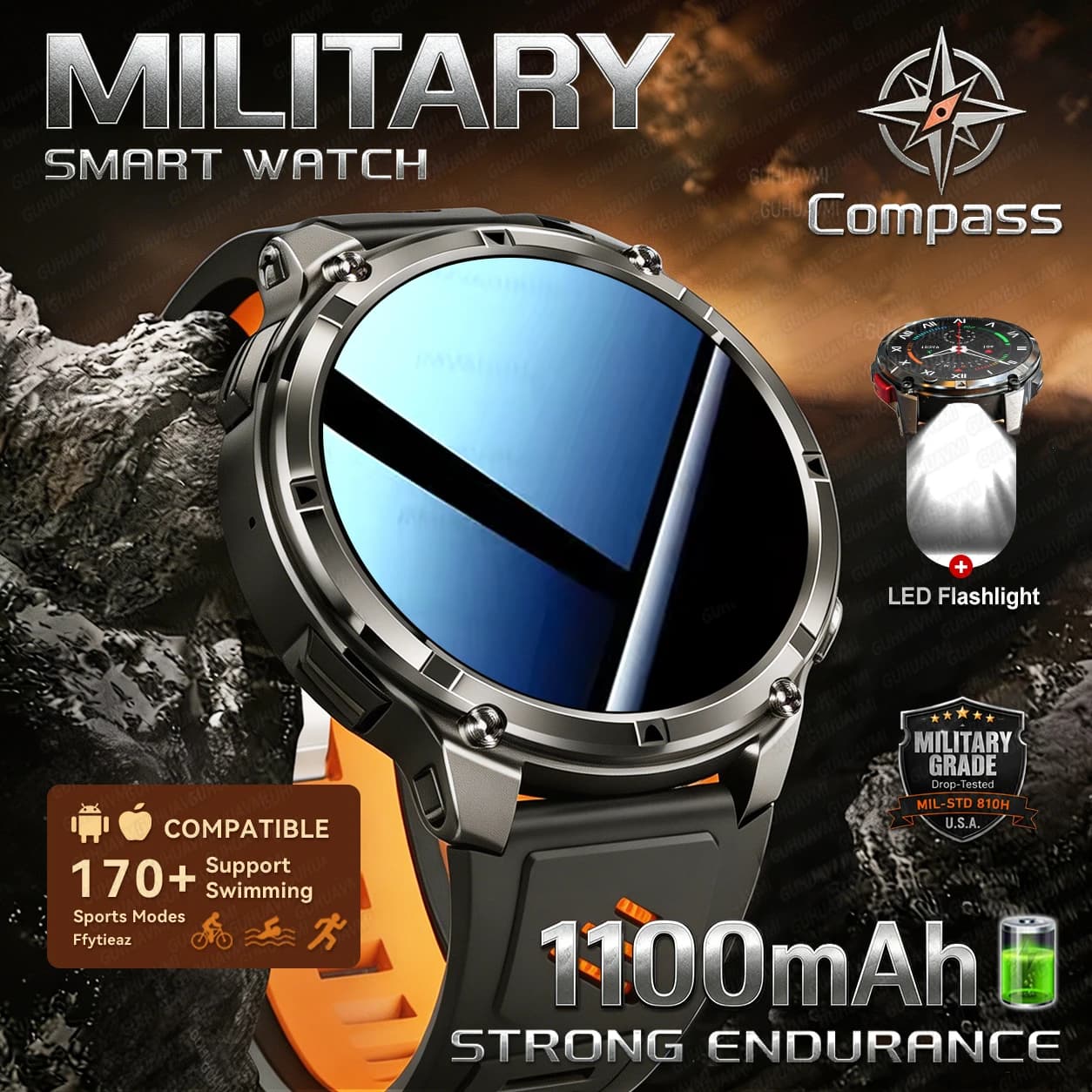 Nuovo Smartwatch Sportivo Militare da Esterno 2026 con Batteria da 1100mAh, Display AMOLED da 1,7 Pollici, Torcia, Bussola, Tracker Sportivo, Chiamate BT, IP68K
