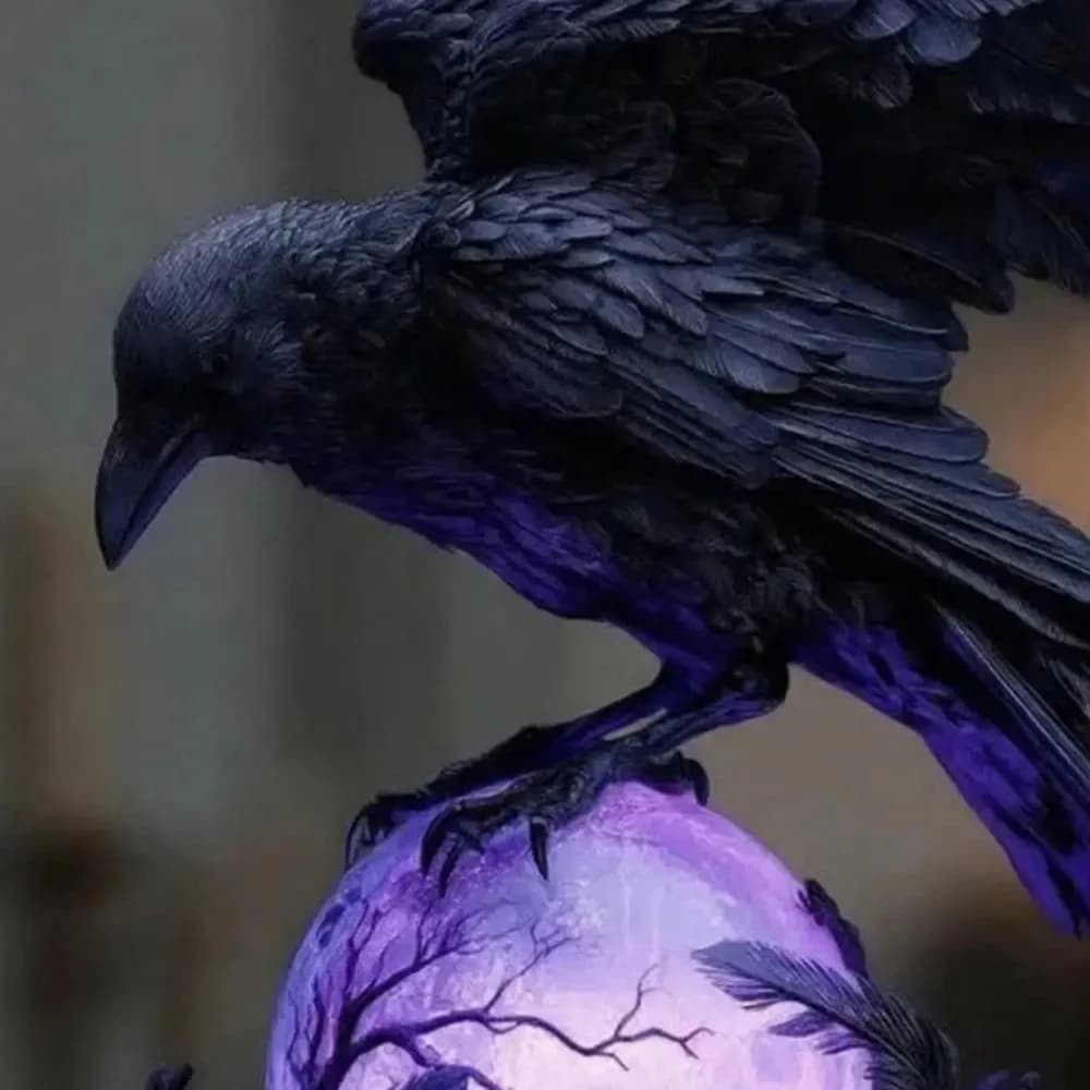 LED lamp with gothic crow Sculpture handmade on purple glow ball Mysterious decoration for desk night light