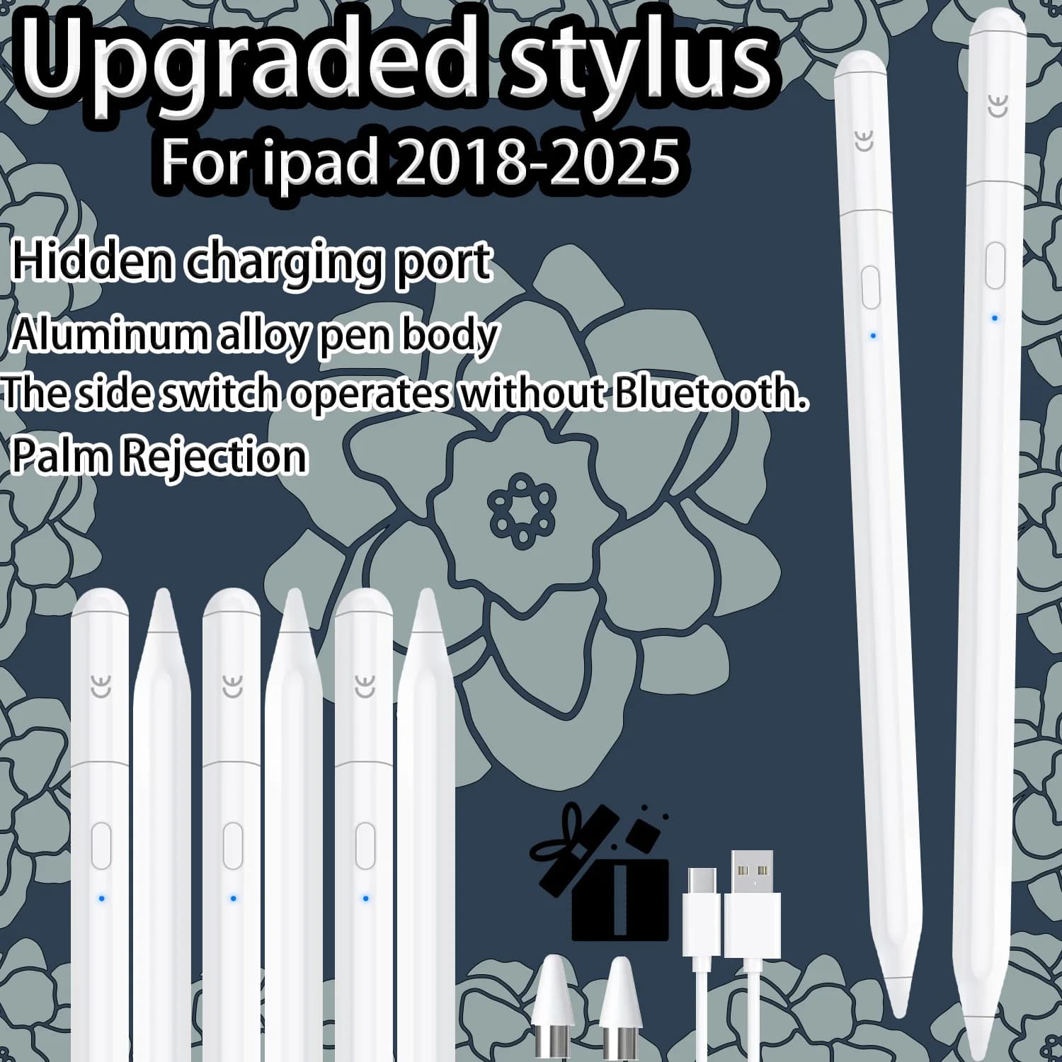 Penna Stylus per iPad Serie 2018-2026, Attacco Magnetico Laterale, Rilevamento del Palmo, Ricarica Rapida, Lunga Durata della Batteria Pro/Air/Mini