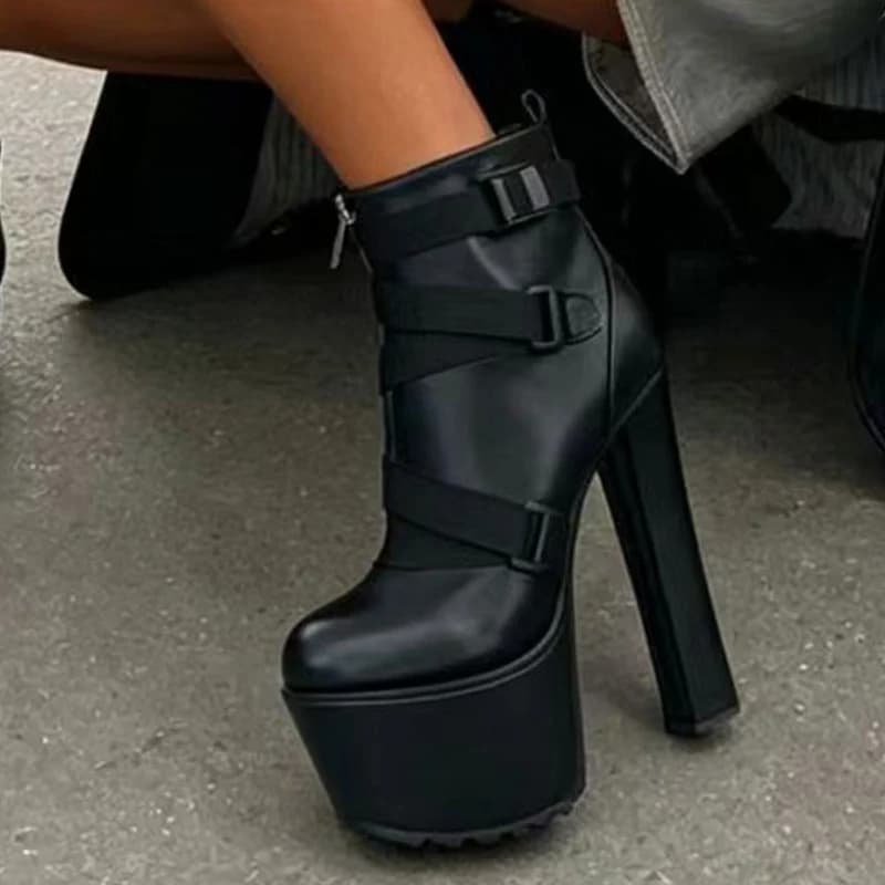 Liyke Autumn Winter Street Sexy Chunky Platform Heels Ankle Boots For Women Round Toe Zip Belts Strap Lady Party Prom Shoe Black