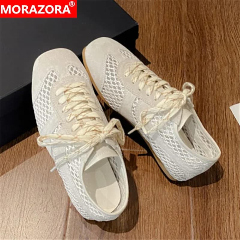 MORAZORA INS Sneakers da donna in pelle scamosciata moda con lacci in mesh traspirante ritagli scarpe basse scarpe Casual estive da donna