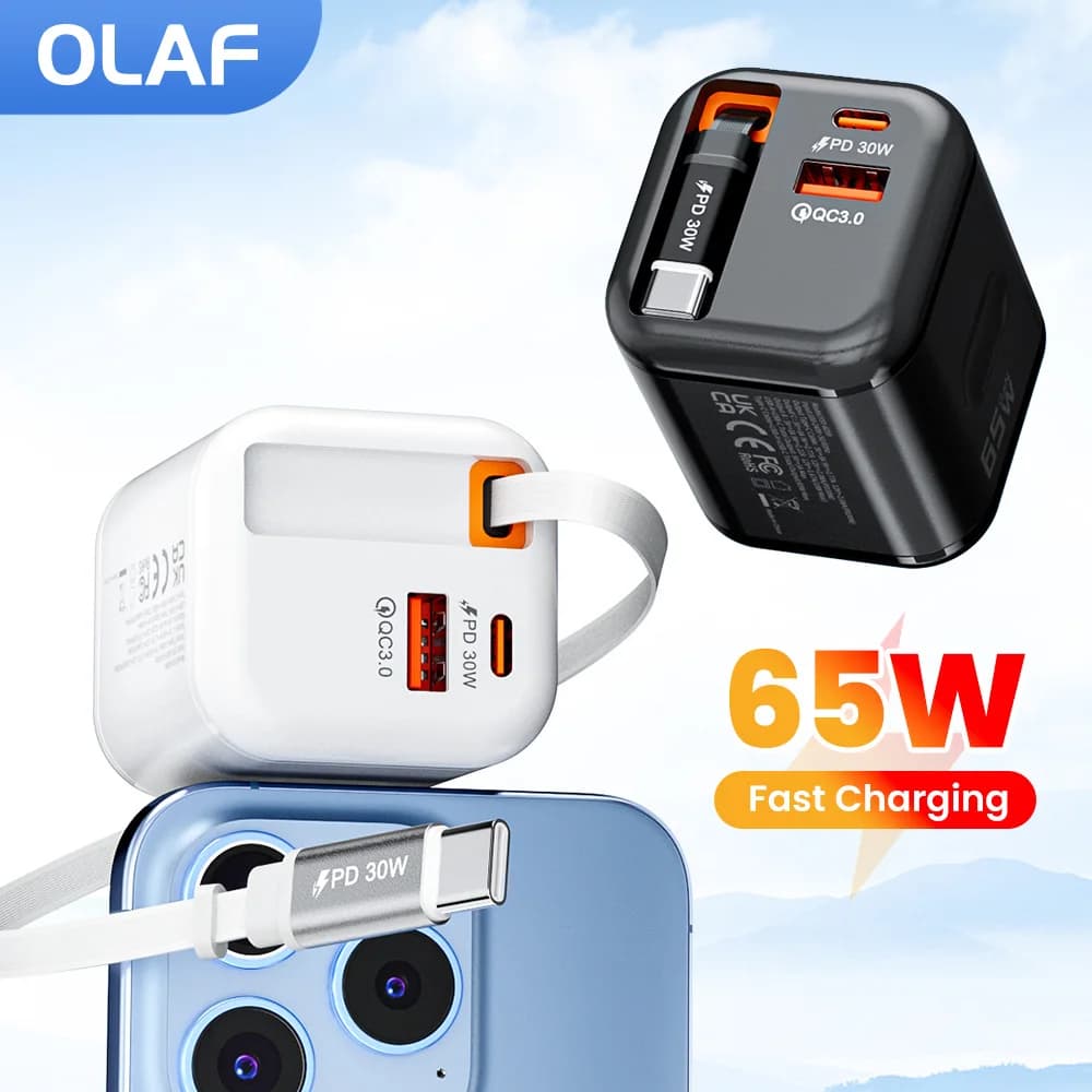 Caricabatterie USB Type C Olaf 65W con cavo USB C retrattile a ricarica rapida per iPhone, Xiaomi, Samsung, adattatore da viaggio US/EU/UK
