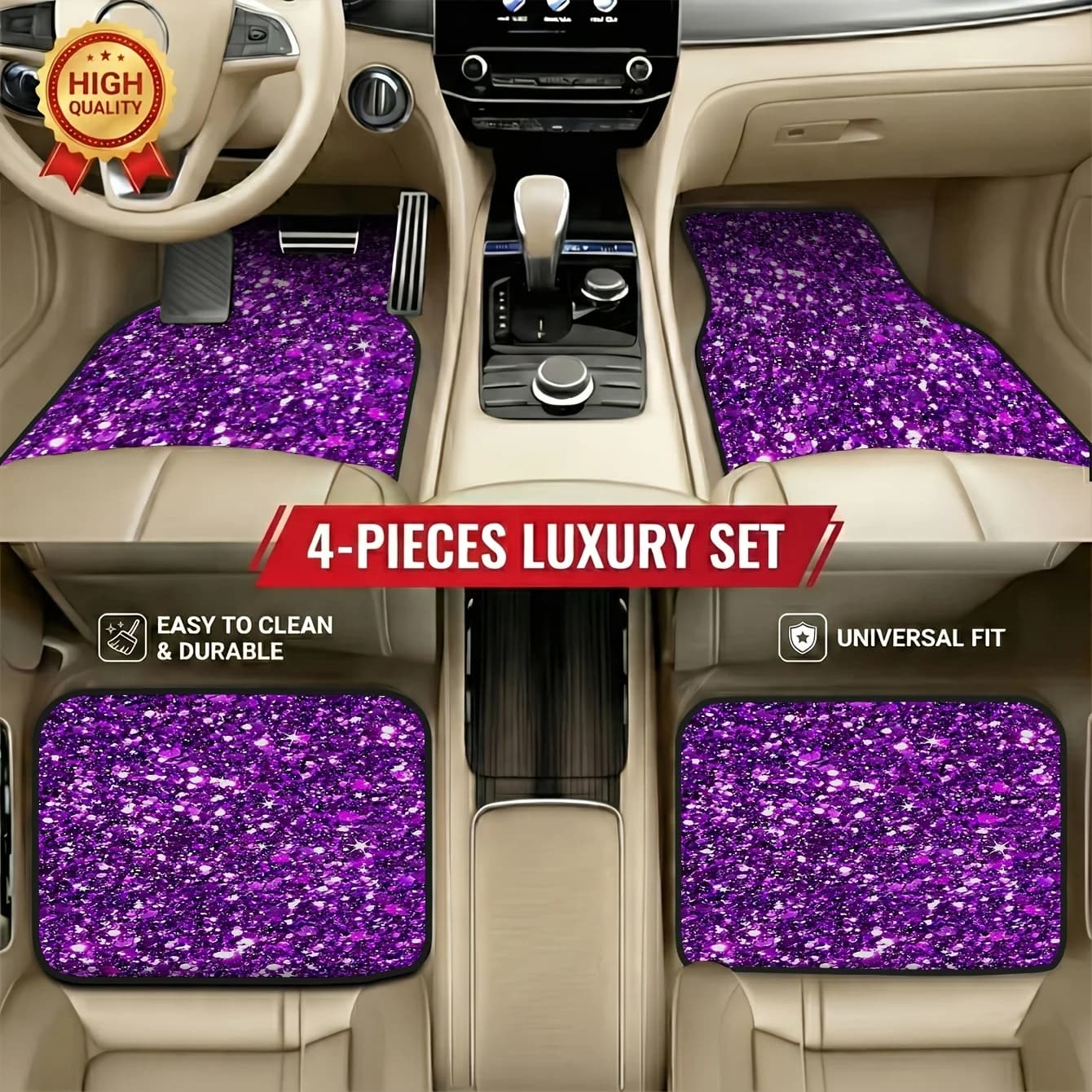 Set Of 4 Practical Car Floor Mats With Purple Glitter Pattern, Everyday Protection For Your Car, Easy To Clean, Fits Most Vehicl