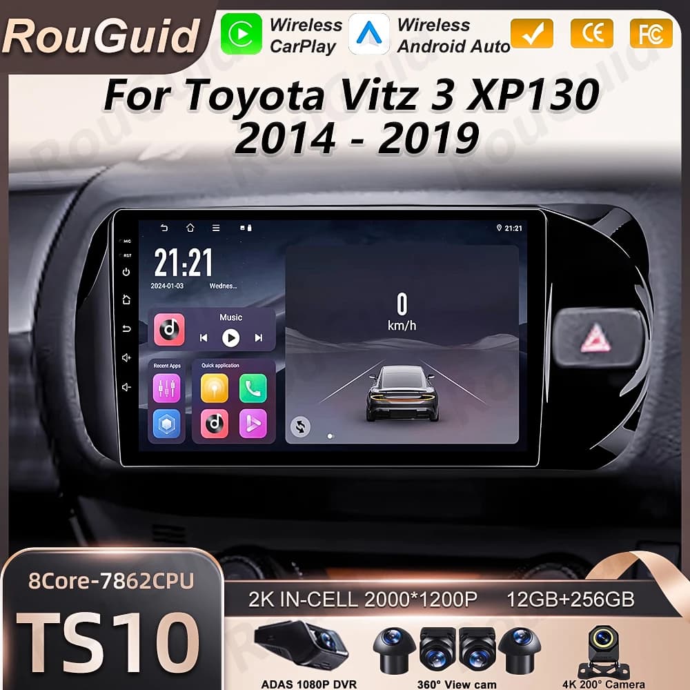 Autoradio Android 16 con Carplay per Toyota Vitz 3 XP130 2014-2019, Lettore Multimediale Video con WiFi 5G e Bluetooth RSD