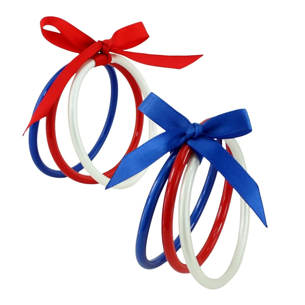 2 sets of Independence Day jelly bracelets, 1 set of 3 July 4th shiny bracelets with bows, red, white, and blue jelly bracelets