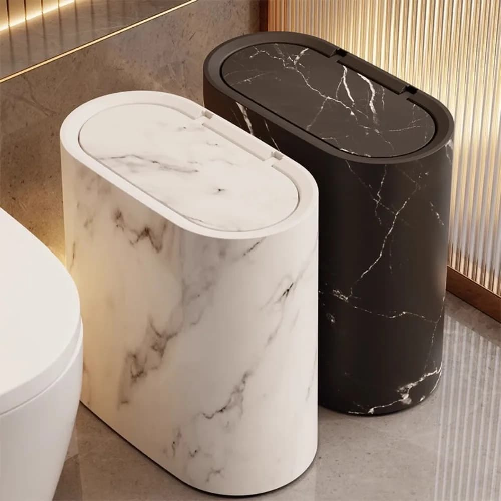 Nuovi Cestini per Rifiuti da Bagno con Coperchio, Tipo a Pressione, Texture Marmo, Bidone Stretto per Casa, Interni, Hotel