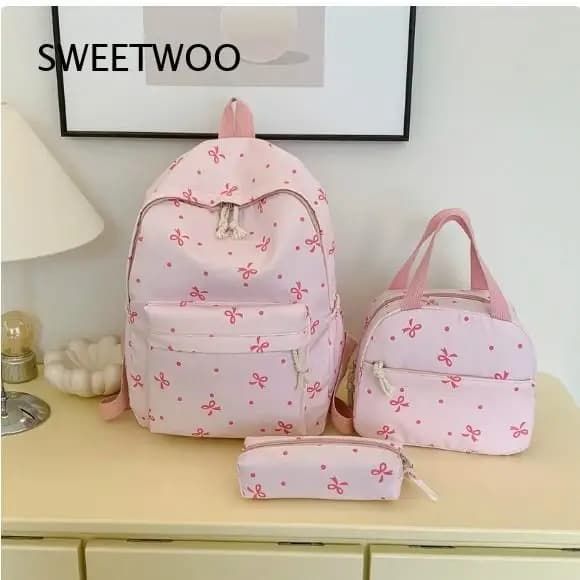 Cute Bow Polka Dot 3 Pieces Backpack Set Girls Casual School Backpack Lunch Box Bag Pencil Bag For Back To School