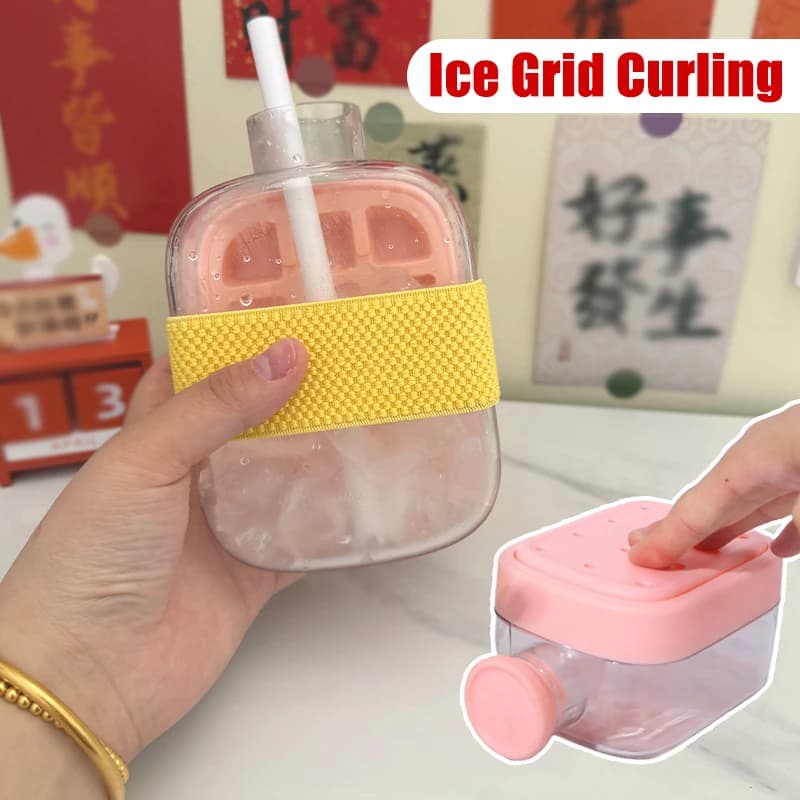 Stampo per Cubetti di Ghiaccio 2 in 1 in Silicone Alimentare con Coperchio e Cannuccia, Bottiglia Portatile per Bevande Estive