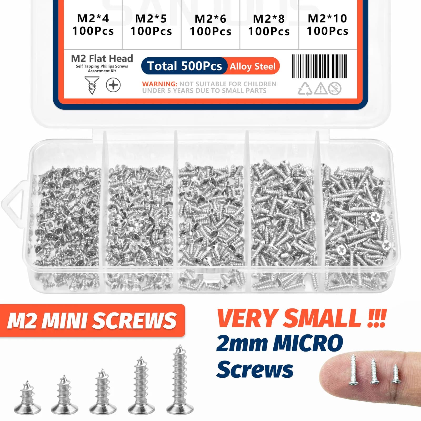 500 pcs Mini M2 Screws Self-tapping Phillips Head Plate Kit Steel Assortment Alloy 5 Size Screws For Wood With Drive Cross Set FAI FROM TE