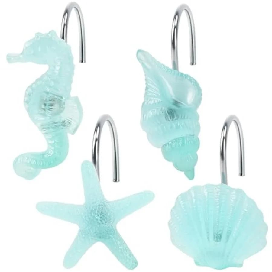 Beach Shower Curtain Hooks, Glow in The Dark, Creative Blue Starfish, Seashell, Conch and Seahorse, Ocean Seaside Pretty Bathro