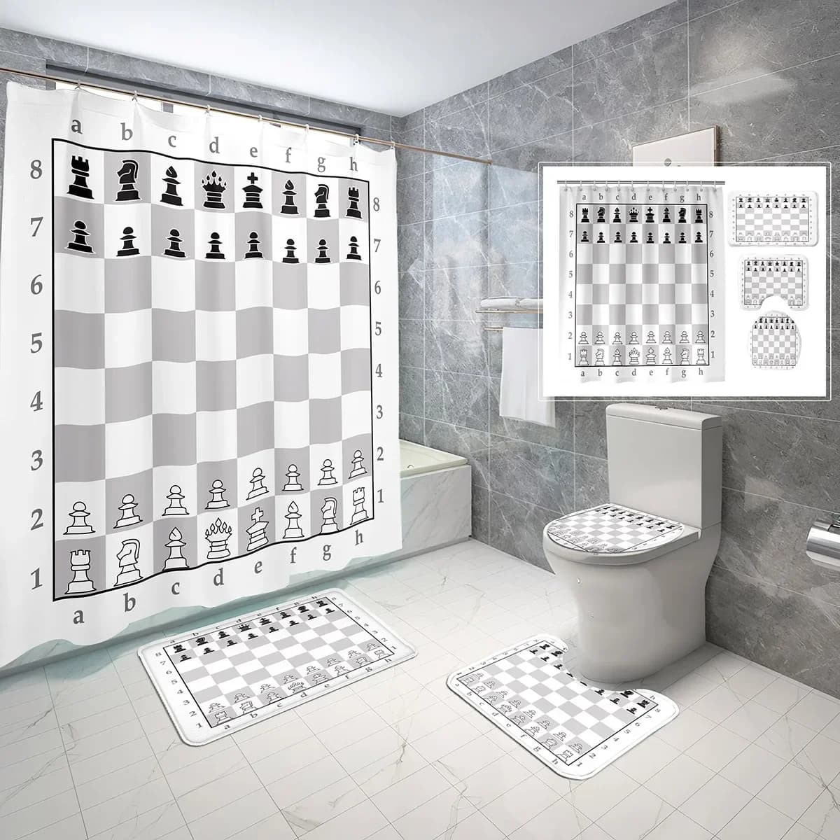 Set da 4 Pezzi: Tenda Doccia con Motivo Geometrico Astratto a Scacchi, Tappetino Antiscivolo per Bagno e Copriwater