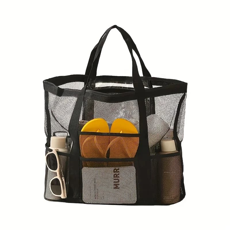 Mesh shoulder shower fitness swimming bag, shoulder bag with 9 pockets cosmetic storage, plaid beach bag, mesh beach bag storage, large-capacity portable multi-pocket beach bag, suitable for swimming toiletries, summer travel essentials, summer