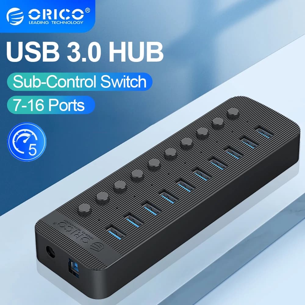 ORICO Industriale 7/10/13/16 USB 3.0 Hub Multiply Expander Splitter On/Off Key Switch Dock USB Charger Power Adapter