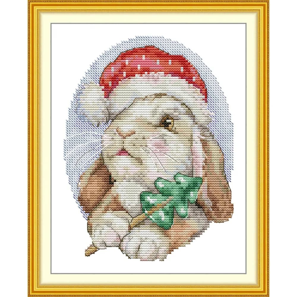 Joy Sunday News Pre-Printed Cross Stitch Kit, Stamped Aida Fabric with DMC Threads, Embroidery Kit - Christmas Bunny